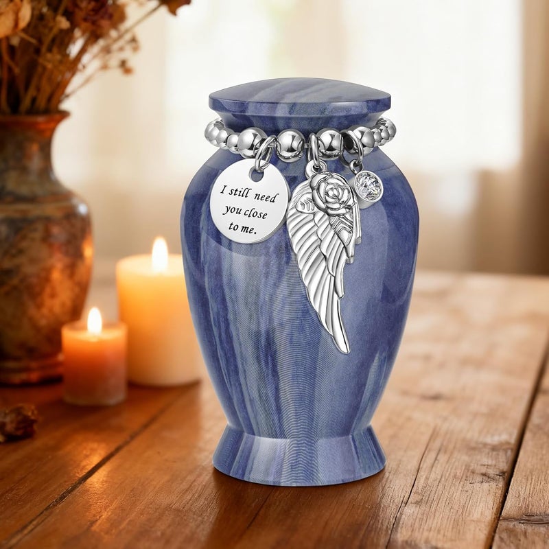 XIUDA Memorials Small Urns for Human Ashes Keepsake Aluminum Mini Urns for Ashes with Angel Wing Charm Decorative Burial Urn Funeral Cremation Urns for Women and Men (Dusty Blue) - Image 5